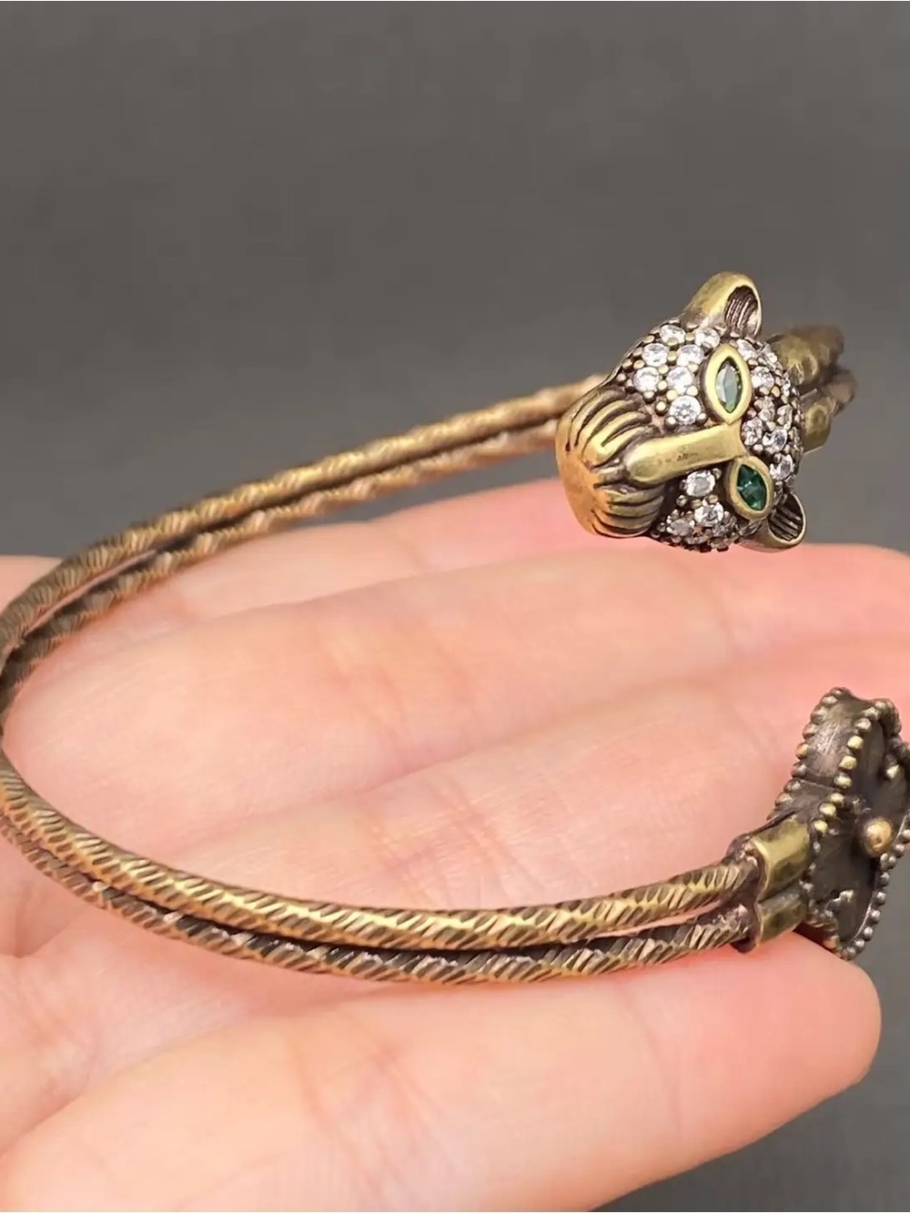 Gold-Tone Leopard Head Cuff Bracelet with Green Accents